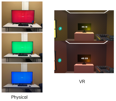 View of the light puzzle, with the various colors of lights flashing in the physical and virtual rooms