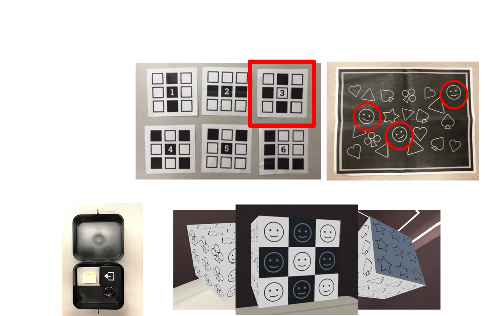View of the cube puzzle, including the inside of the unlocked box (far left), physical player’s hints (top row), and the cube seen in VR (bottom row)